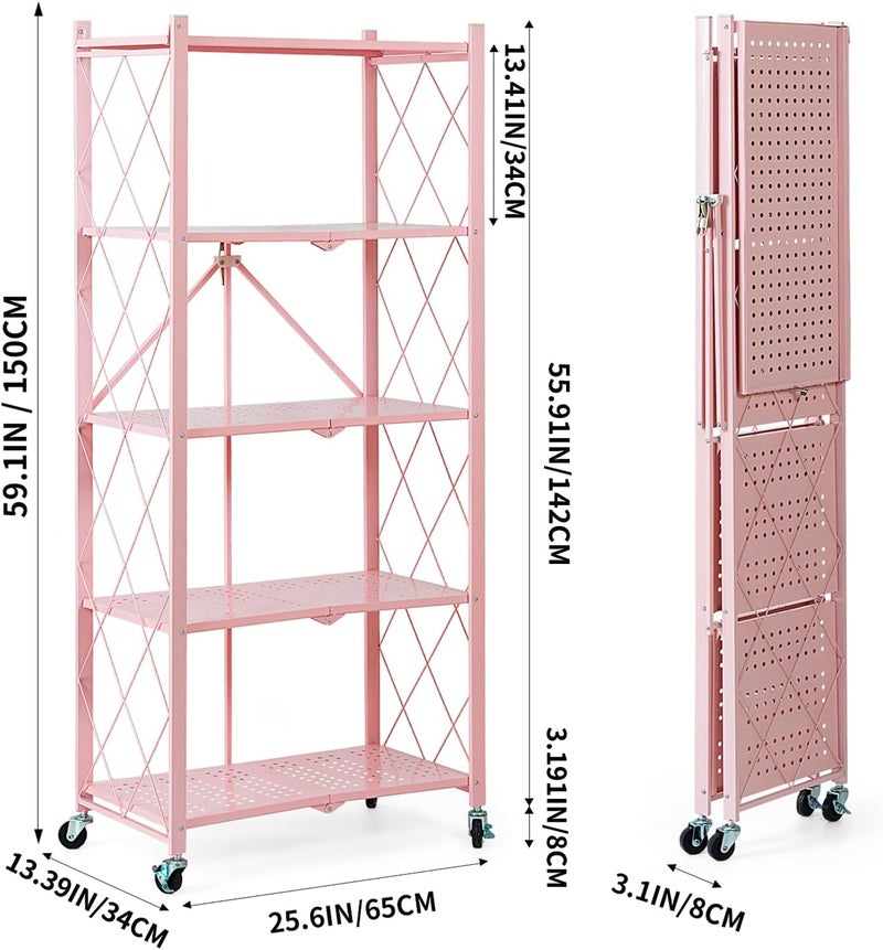BRIAN & DANY 5-Tier Foldable Storage Shelves with Wheels, Folding Metal Rack Shelving Unit, Heavy Duty No Assembly Organizer Shelf for Garage, Kitchen, Basement, Pantry, Pink - Image 3